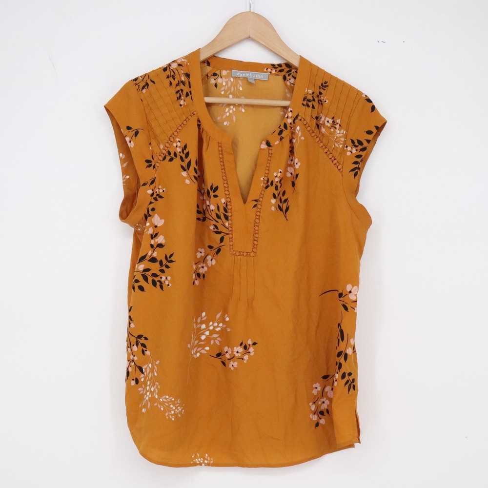Daniel Rainn Top Womens L Mustard Yellow Floral Sleeveless Excellent